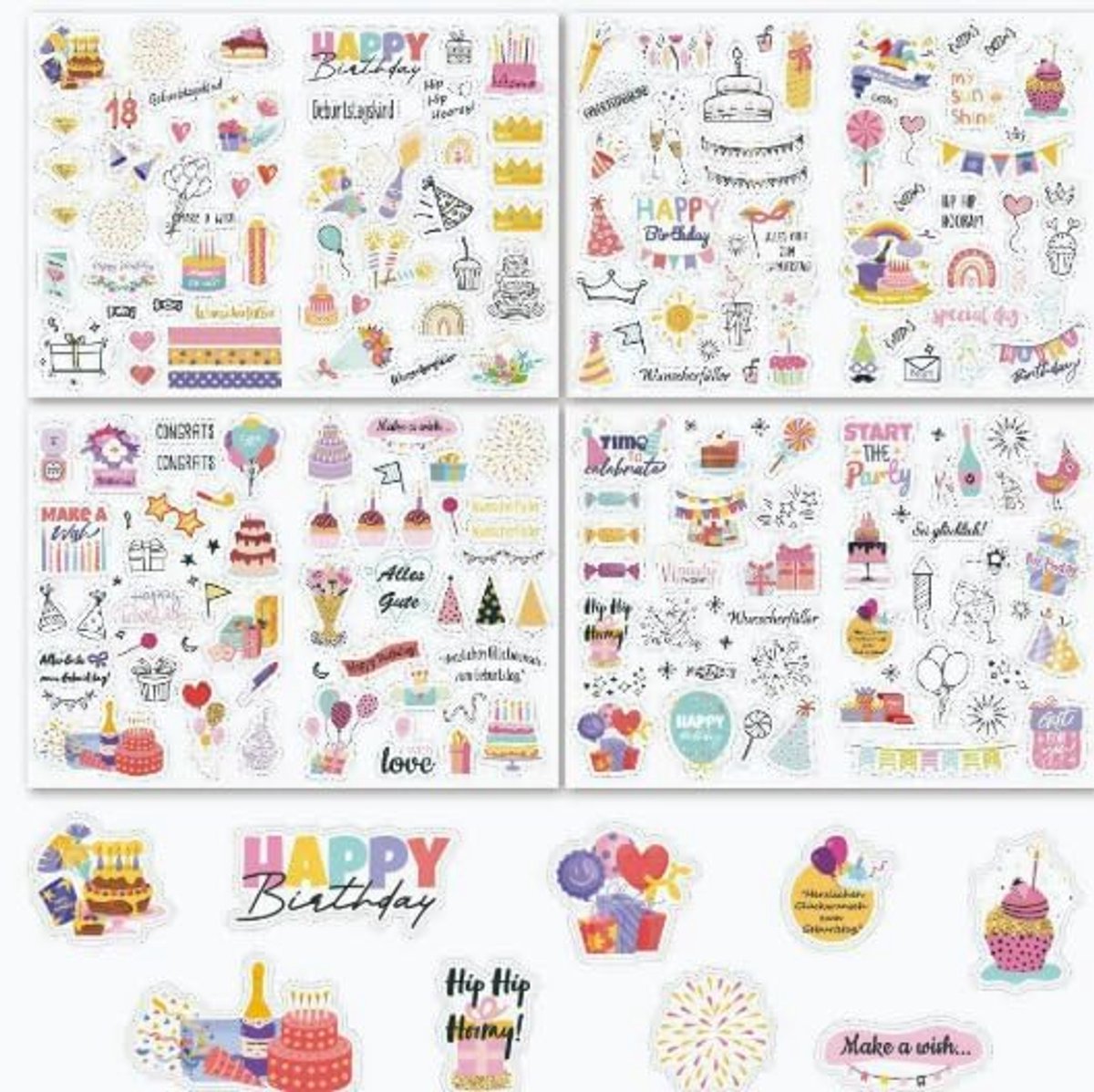 Verjaardagsstickers en Feestkaarten - 4 Stuks Gelukkige Stickers - 10 Stuks Meerkleurige Wenskaarten - ShopVlot