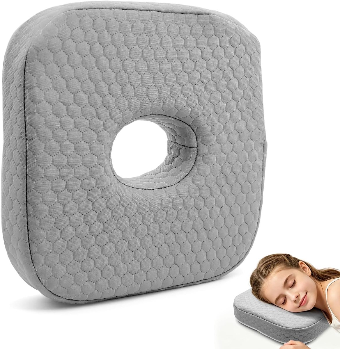 Oorkussen met gat 24 x 24 x 5 cm - Traagschuim - Ademend en zacht - Comfort voor zijslapers - ShopVlot