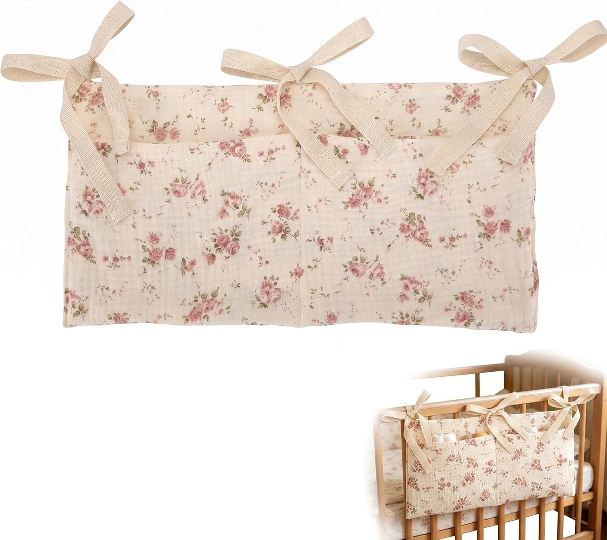 Organizer voor kinderbed 40 x 20 cm - puur katoen - pioenrozendesign - handige opbergtas voor luiers - ShopVlot