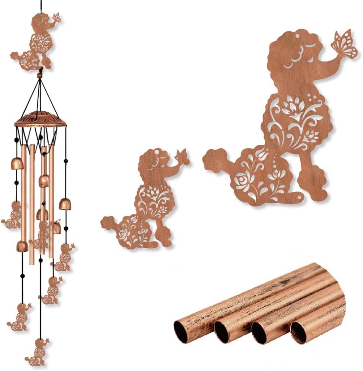 Windgong poedel bloemen - metalen windgong met klokken - decoratief tuinaccessoire - mooi gedenkteken voor huisdieren - ShopVlot