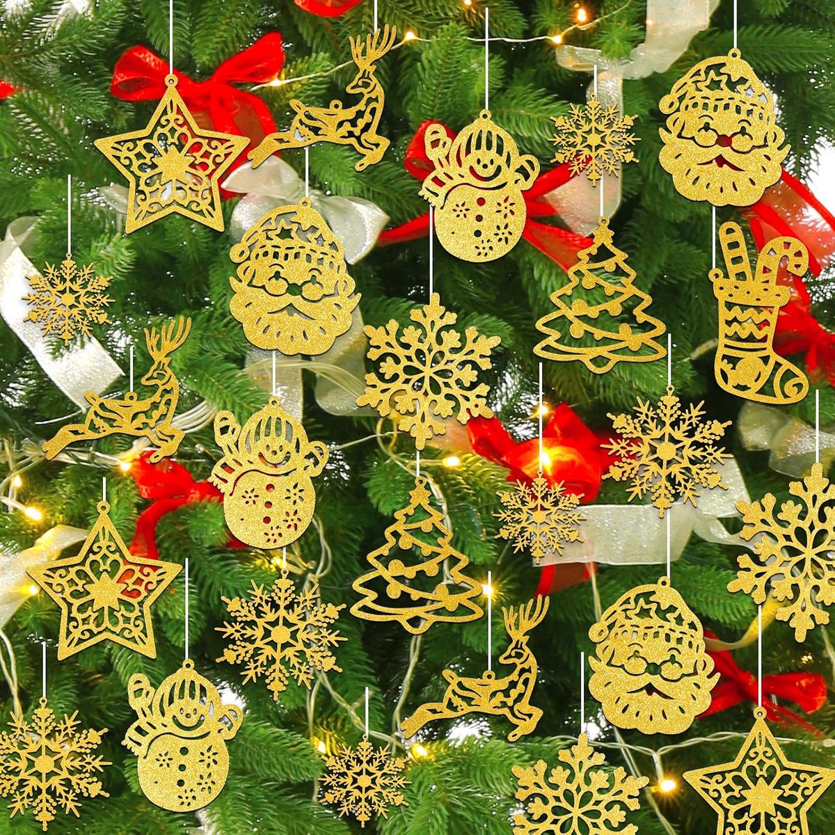 Kerstboomdecoratie Sierlijke Sneeuwvlokken - 42 Stuks Glanzend Goud Karton - Feestelijke Kerstversiering - SnelShoppen