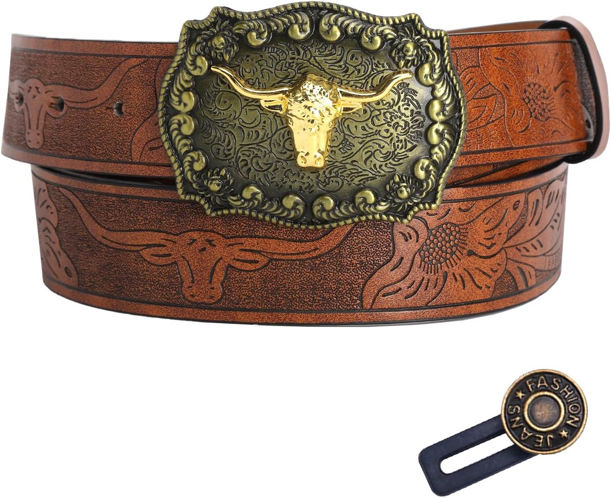 Cowboyriem heren leer 120 cm - bruin leer - longhorn bull riemgesp - ideale riem voor dagelijks gebruik - SnelShoppen