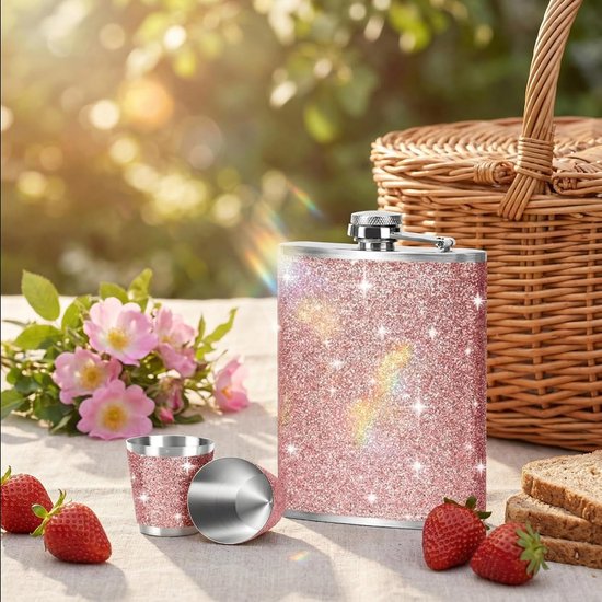 roestvrij staal, heupfles, roze glitter met trechter en 2 kleine kopjes, lekvrij, draagbaar, heupfles, roze geschenken voor vrouwen, voor reizen, outdoor, feest, camping, cadeau, 220 ml — afbeelding 5