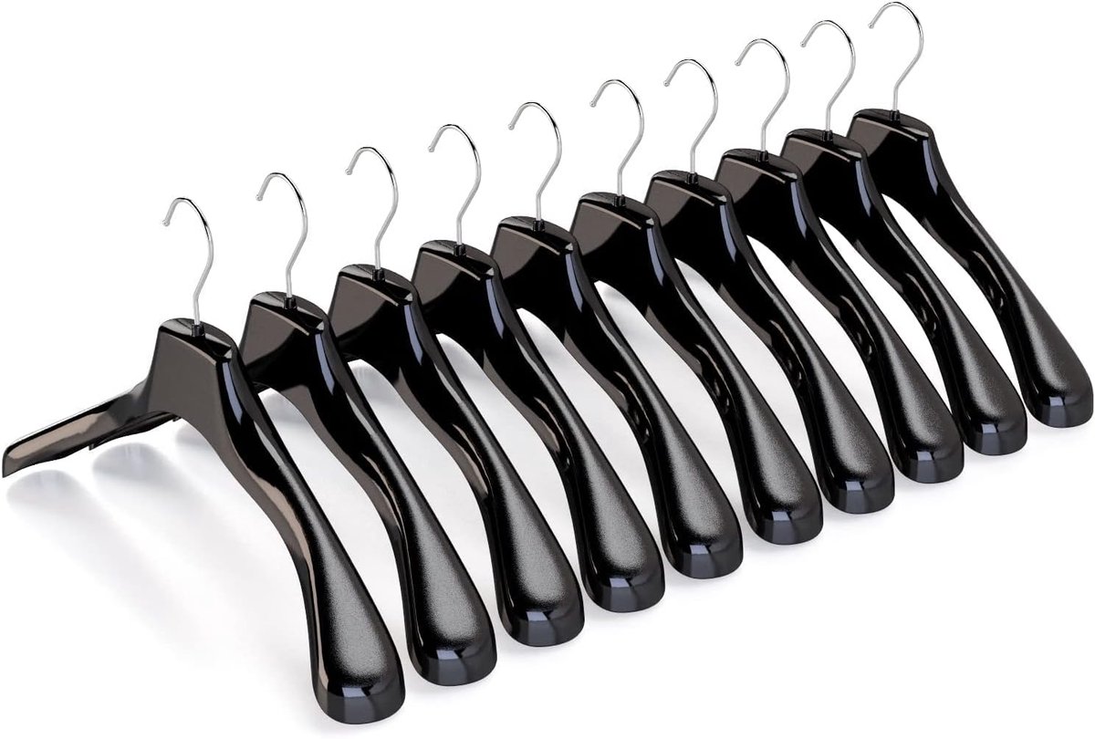 Kleerhangers voor bovenkleding, mantels, jassen, ATP Line Start, 10 stuks (zwart glanzend met verzinkte haak, 45 cm)
