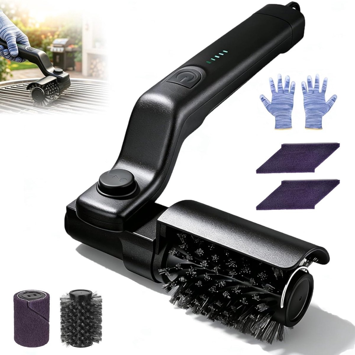 grillborstel, accu, draadloze grillreiniger met 90° verstelbare hoek, roestvrijstalen borstelkop, waterdicht, 3 standen reiniging, grillborstel voor grillrooster, barbecue-accessoires