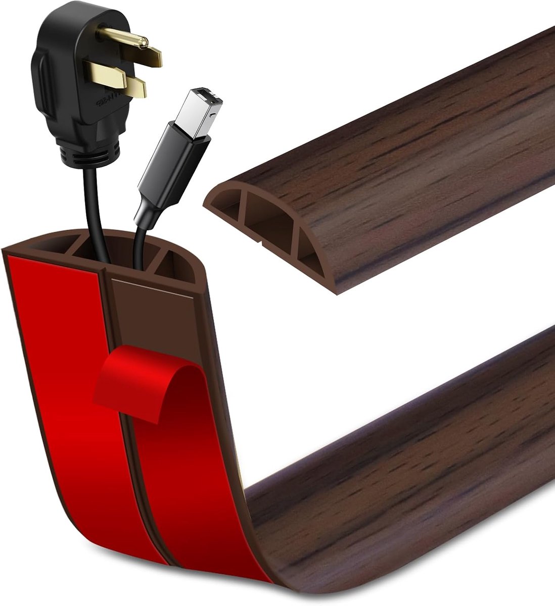 Kabelgoot, zelfklevend, lengte 3 m, vloer, flexibele kabelbescherming, kabelgoot, kabelafdekking voor thuis, kantoor, magazijn, concert, 3 m x 2 cm, donkerbruin houtnerf