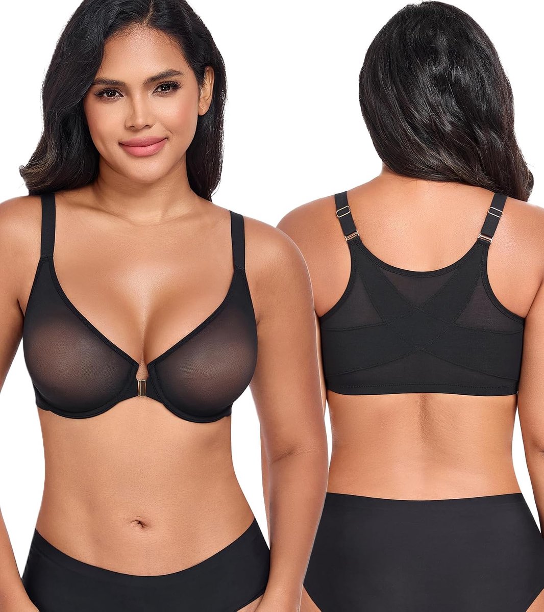 Damesbeha met beugel, transparant, mesh, zachte beha, voorsluiting, diepe hals, ondergoed, ongevoerd, comfortabel