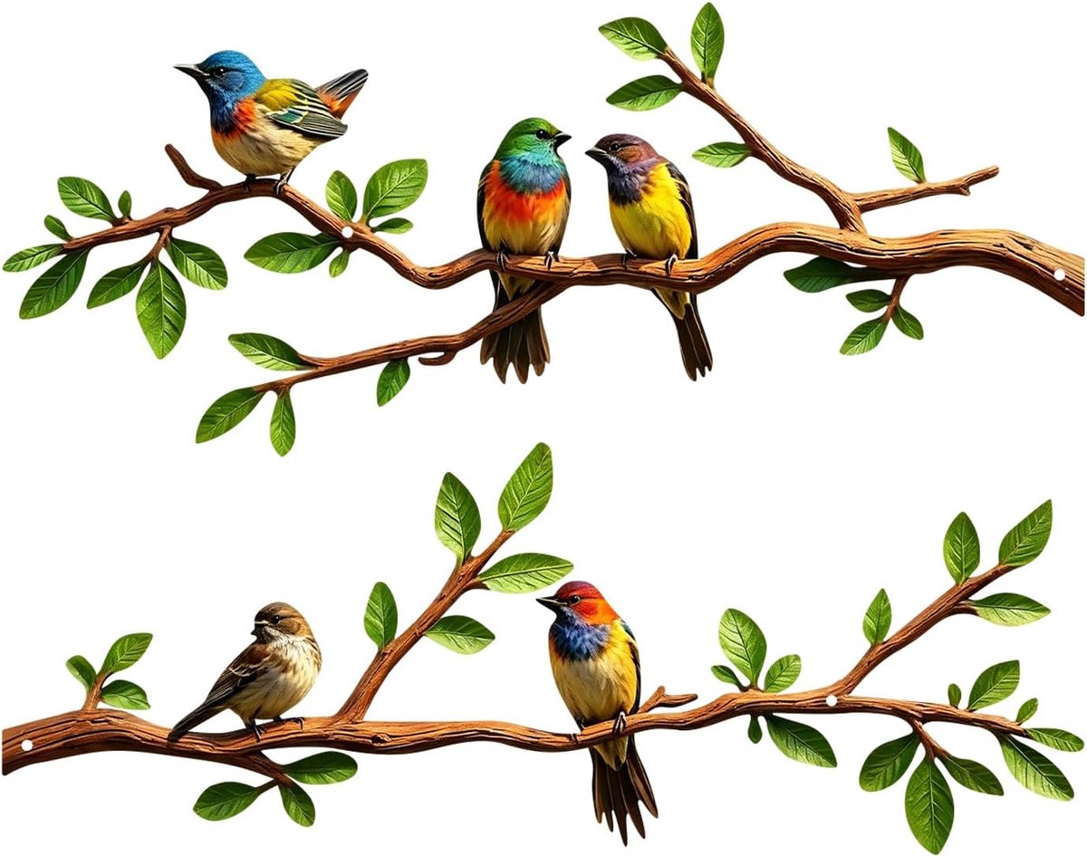 2 stuks metalen vogels muurkunst, metalen levendige vogels op tak silhouet wanddecoratie zwarte bladeren met vogel buiten hangende muursculptuur voor thuis balkon tuin binnen buiten (heldere