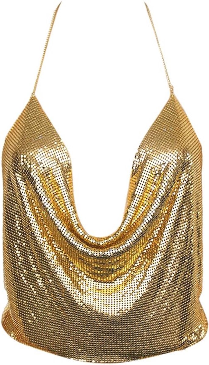 Sexy diepe V-hals ketting halter mouwloos open rug metalen vest pailletten crop top clubwear (goud)