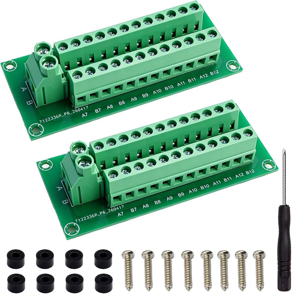 2 stuks stroomverdelingskaart 2 x 12 posities, klemmenblok AC/DC 300 V 10 A AWG 16-24, enkele kanaals ingang met schroevendraaier, schroeven en afstandhouders van nylon voor doe-het-zelf