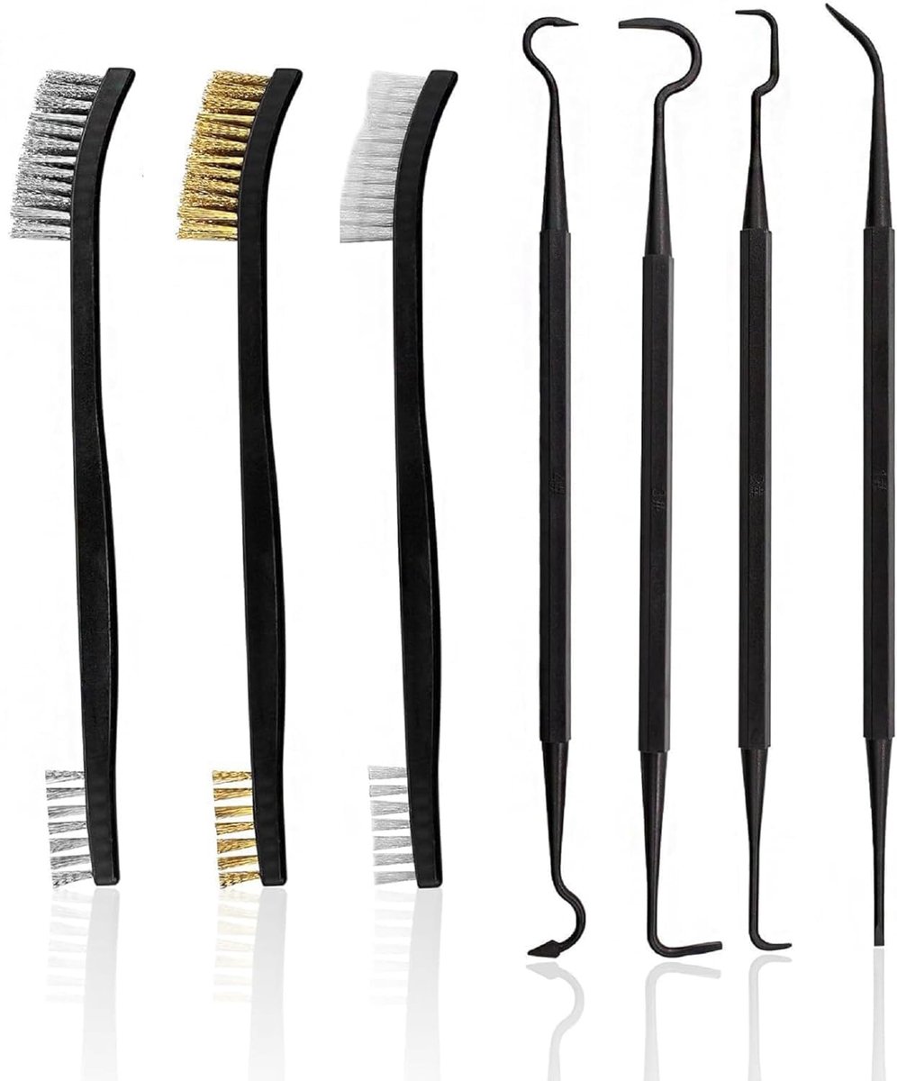 Set van 7 metalen borstels van roestvrij staal, kleine messing borstels, metalen borstels van staal en nylon met 4 dubbele kophaken voor het reinigen van vuil en roest