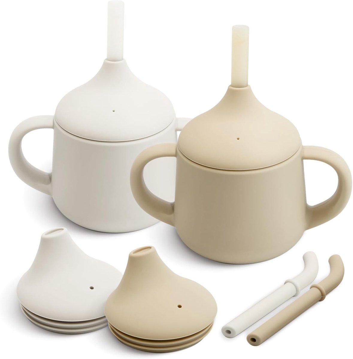 Drinkbeker, Spenen Sippy Cup voor baby's, 3 Step Trainingsbeker, Siliconen Tuitbekers, Babybeker met Handvatten en Rietje, van 6-12 Maanden, 4 oz(Ivoor/Licht Koffie)