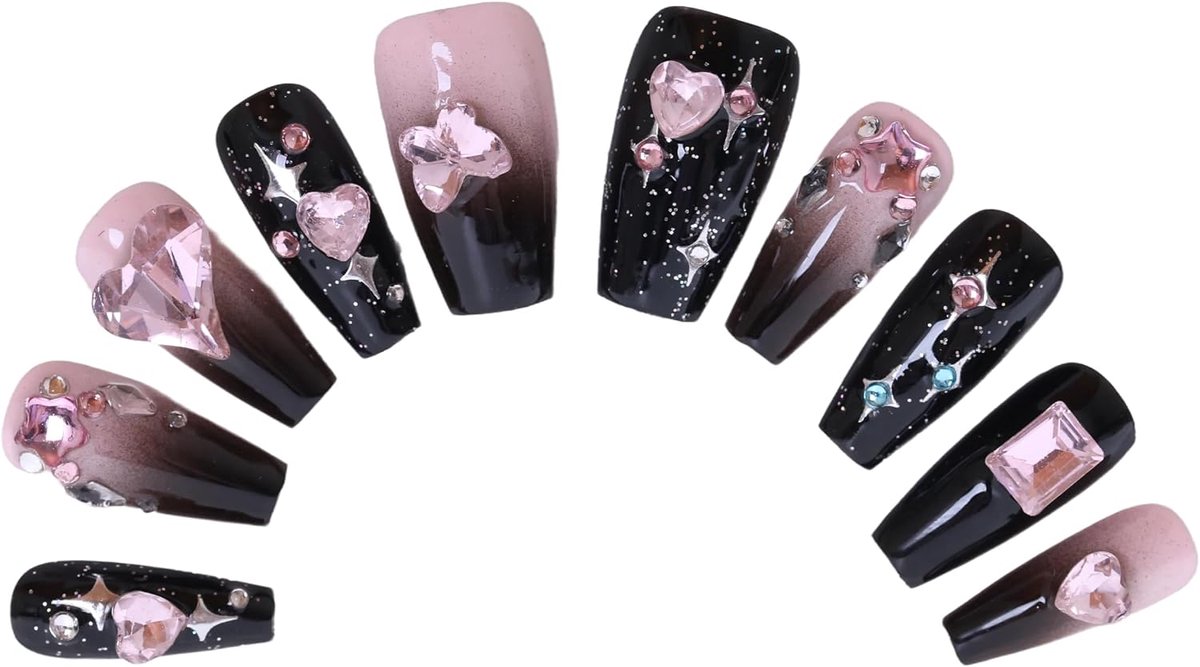 Press-on Nails vingernagels, gelakt, 10 stuks, herbruikbare kunstnagels, Y2K glamour, hart, strasssteentjes, roze zwart
