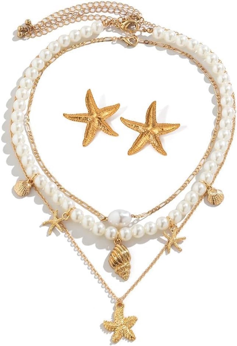 Sieraden Set voor Vrouwen Parel Gelaagde Kettingen Gouden Strand Zeester Hanger Ketting Oorbellen voor Bruiloften Verjaardagen en Speciale Gelegenheden Statement Sieraden