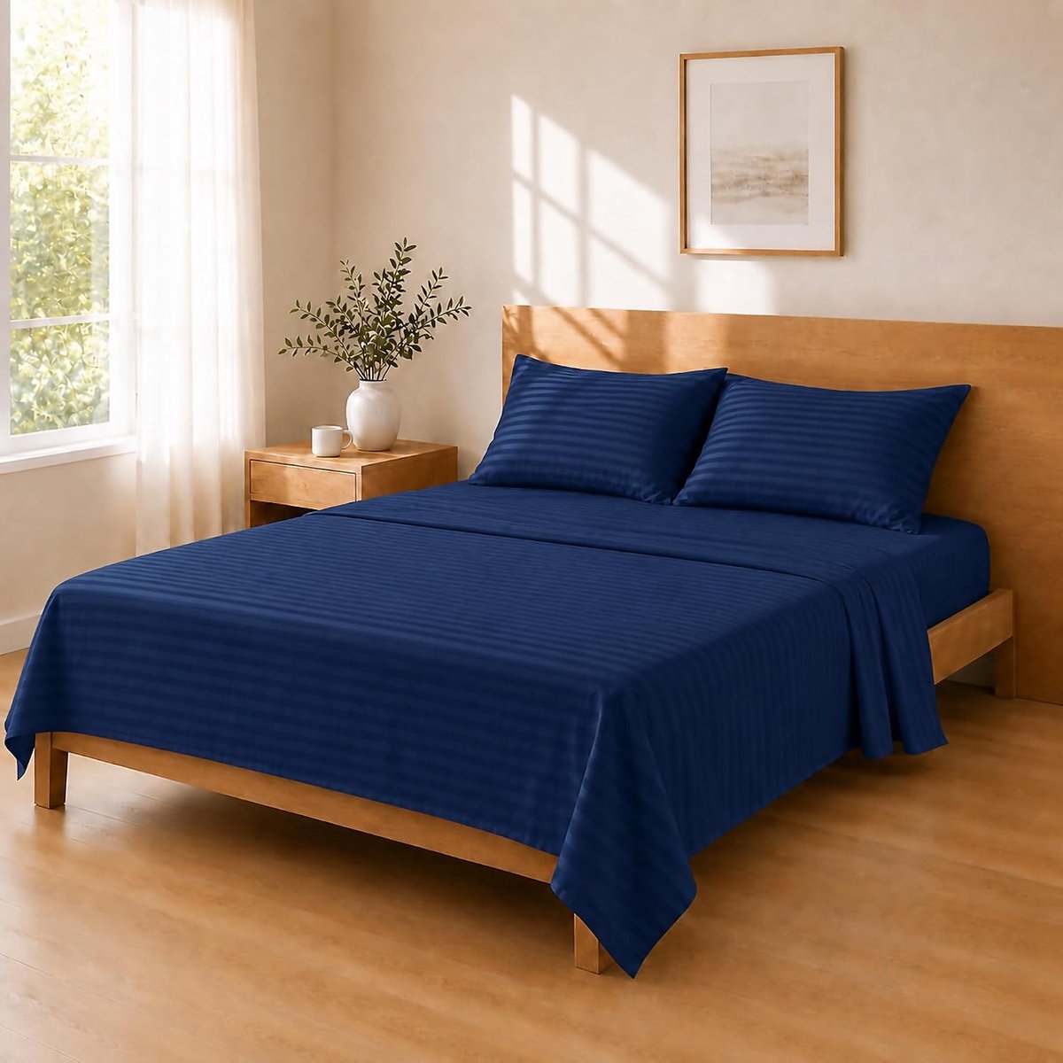 Lakenset Microvezel 180x240 / 135x200+25 / 50x80x2, Marineblauw | Compleet lakenset in zachte microvezel: bovenlaken, hoeslaken en bijpassende kussensloop, subtiel ton-sur-ton gestreept.
