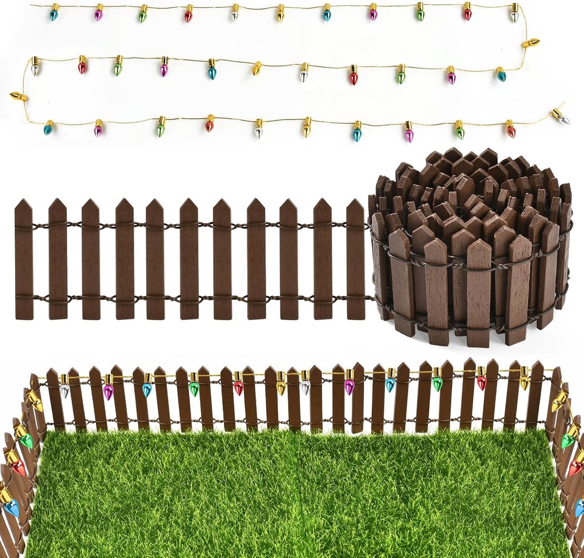 Houten tuinhek, 90 x 5 cm mini-tuinhek met lichte ketting, mini-fee, tuindecoratie voor pop, huis, accessoires, knutselen, tuin, versierd, terras, bonsai (D)
