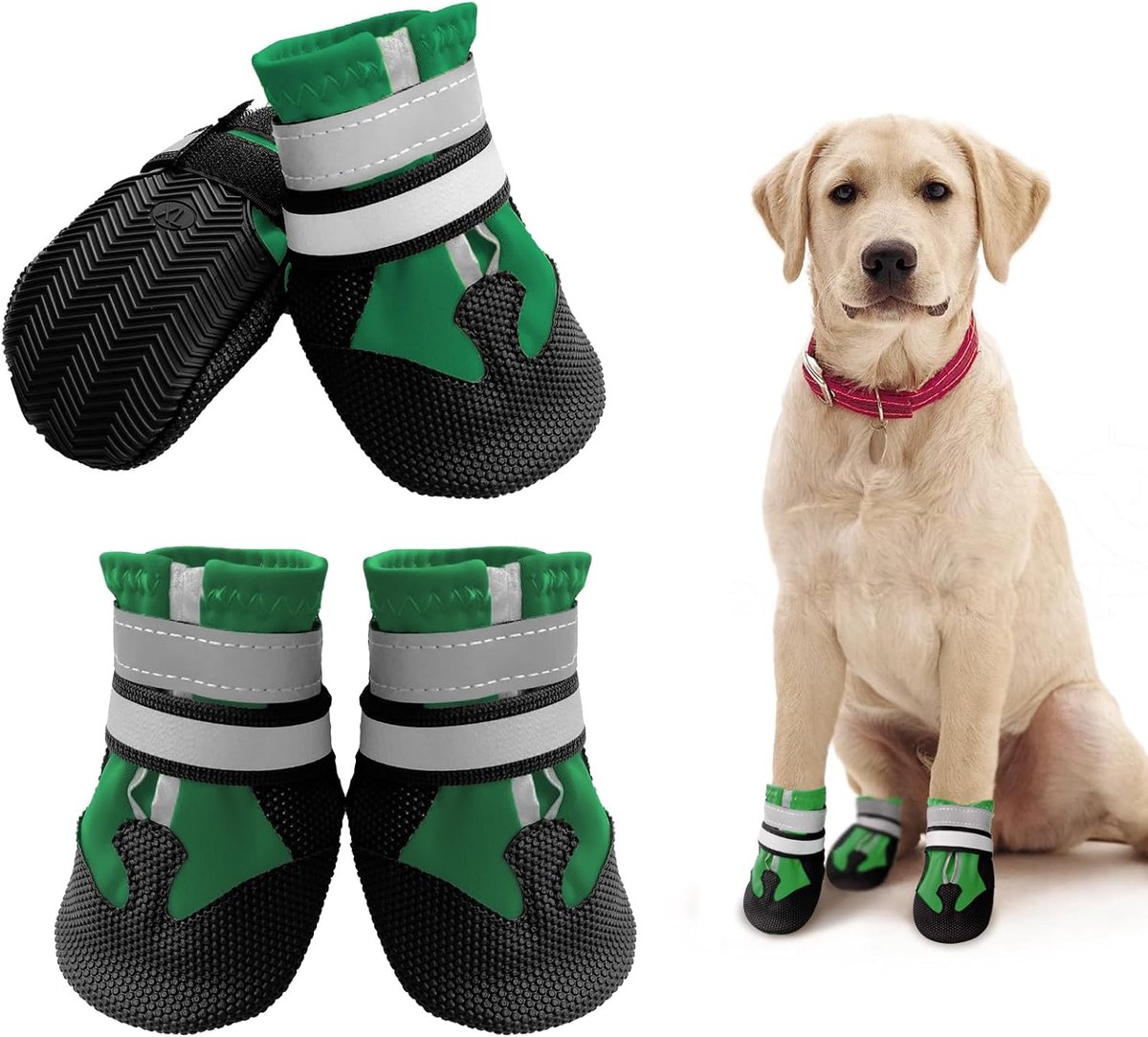 Schoenen, pootbescherming, 4 stuks, waterdichte hondenschoenen, antislip, hondendiepte met reflecterende riemen, hondensneeuwlaarzen voor kleine, middelgrote en grote honden (S, groen)