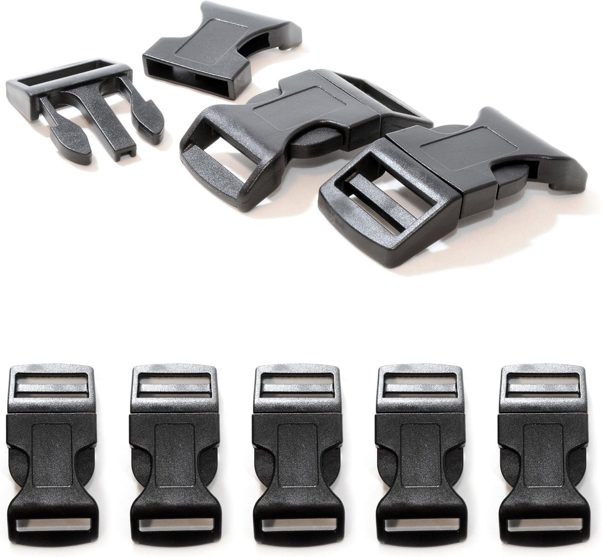 kunststof kliksluiting set van 5, zwart, steeksluiting voor paracord-armbanden, halsband voor honden en sluiting voor rugzak, licht gebogen kliksysteem, sleuf 26 mm x 6 mm, totaal 65 mm x 32 mm