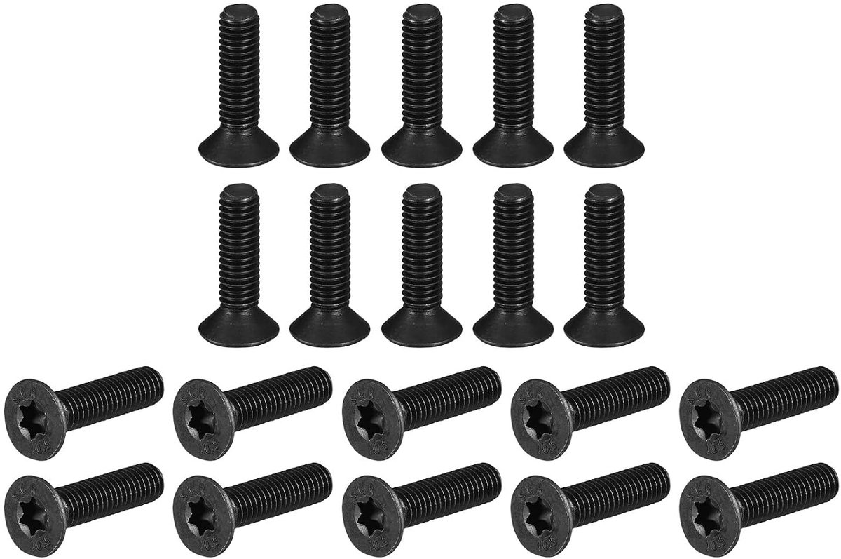 Anti-diefstal schroeven met platte kop Torx M6 - 1,0 x 25 mm, 30 stuks gelegeerd staal 10,9, Torx-aandrijving, verzonken kop, volledige schroefdraad, zwart geoxideerde afwerking