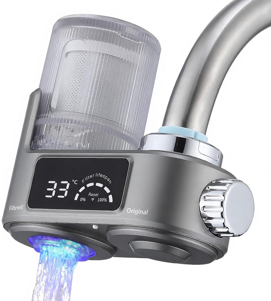 Waterfilterkraan met led-display, drinkwaterfilter voor keuken, verwijdert chloor, zware metalen en kalk, antikalkfilterkraan met blauw licht, 12