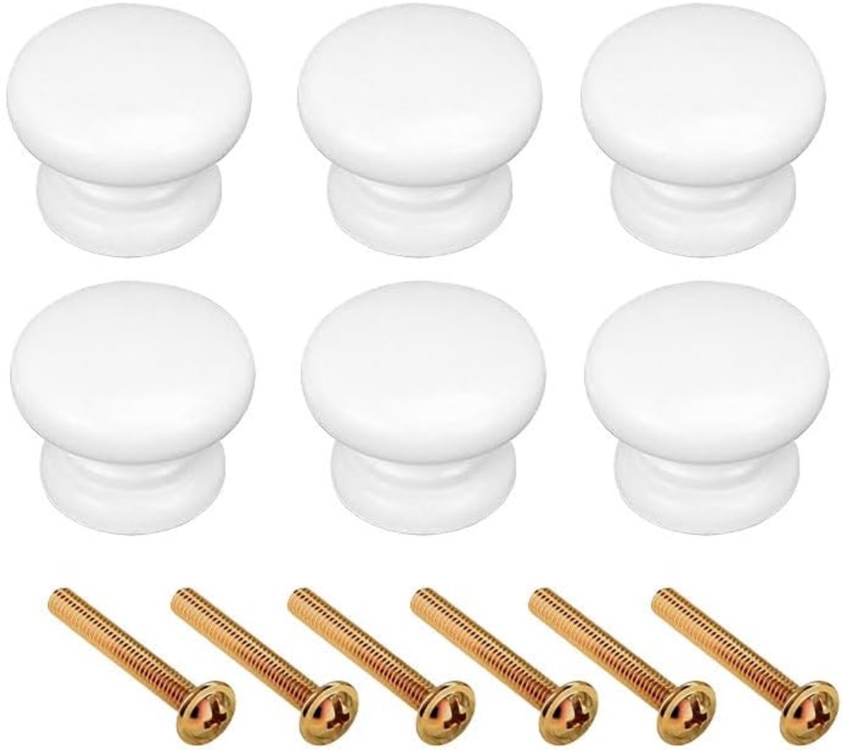 Set van 6 witte houten ladegrepen, ronde meubelknoppen met bevestigingsschroeven inbegrepen voor keukenkast, kledingkast en slaapkamermeubel
