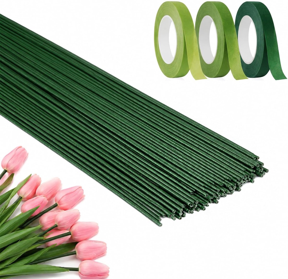 180 stuks, 2 x 300 mm, groene steekdraad met 3 rollen bloemenplakband, 1,2 mm x 30 m, voor boeket, bloemstukken, kransen, doe-het-zelf, handwerk