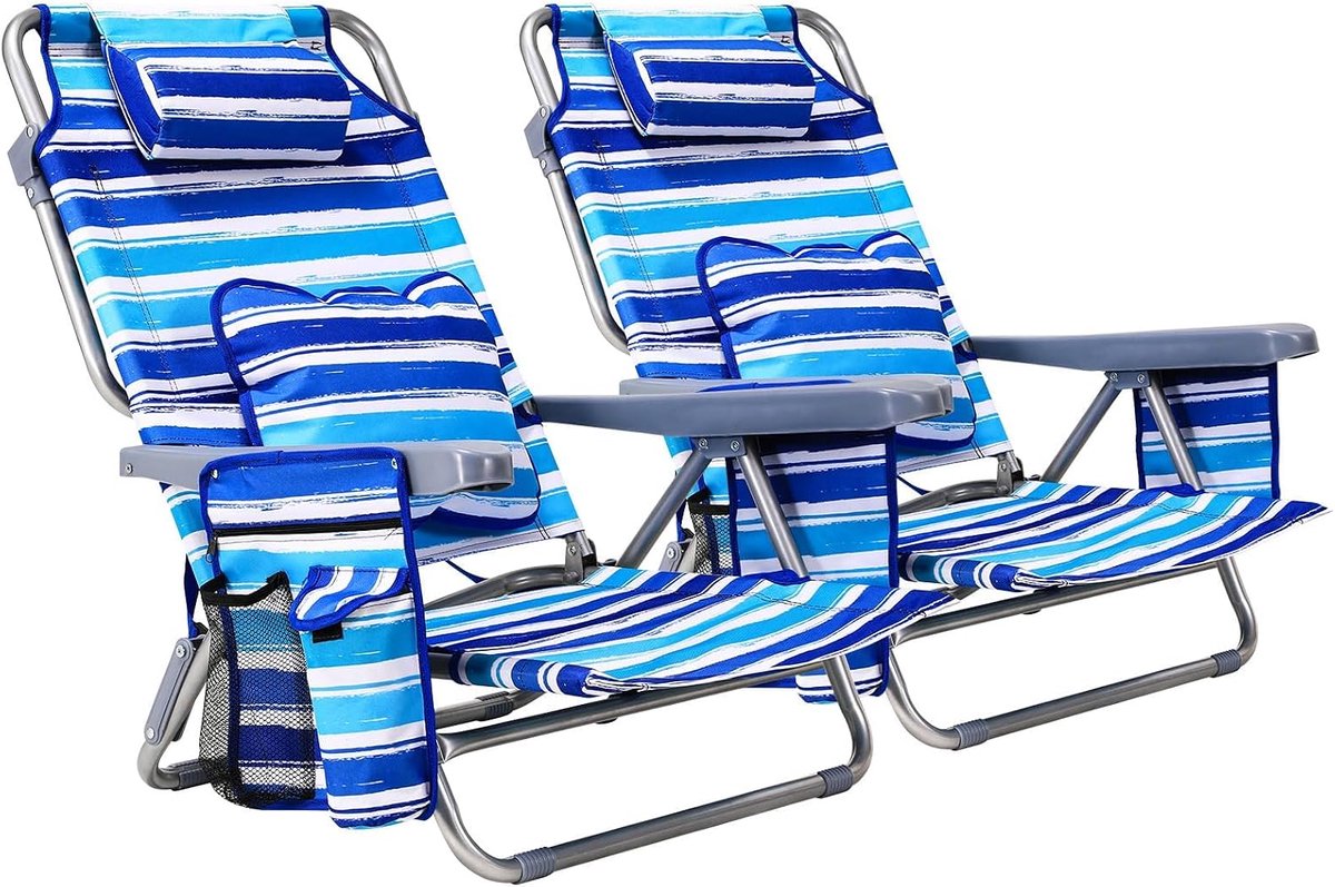 Strandstoel inklapbaar, set van 2, met verstelbare rugleuning, blauw | Rugzakfunctie, 4-traps verstelbaar, met koelvak, hoofdsteun, lendenkussen en ademend Oxford-weefsel voor buiten