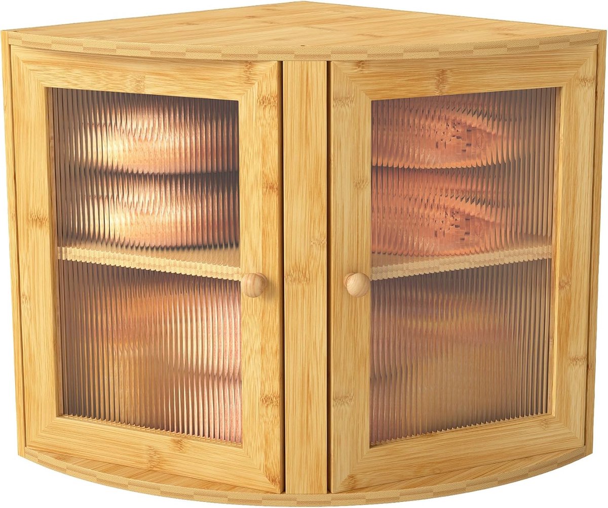 bimiti Broodtrommel van bamboe, broodtrommel met 2 etages, voor keuken, ruimtebesparend, 34 x 32 x 32 cm, broodtrommel van hout met transparante deuren voor brood, koekjes en boodschappen
