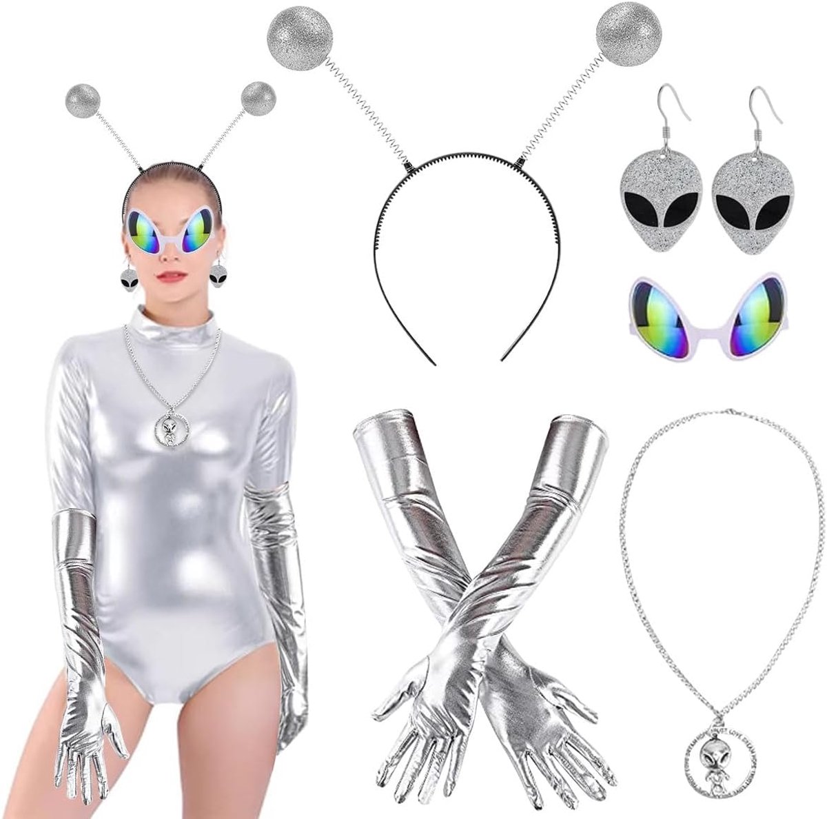 5-Delig Alien Kostuumset Dames, Alien Outfit, Buitenaardse Haarband En Bril, Spacostuum Voor Cosplay, Halloween En Carnaval