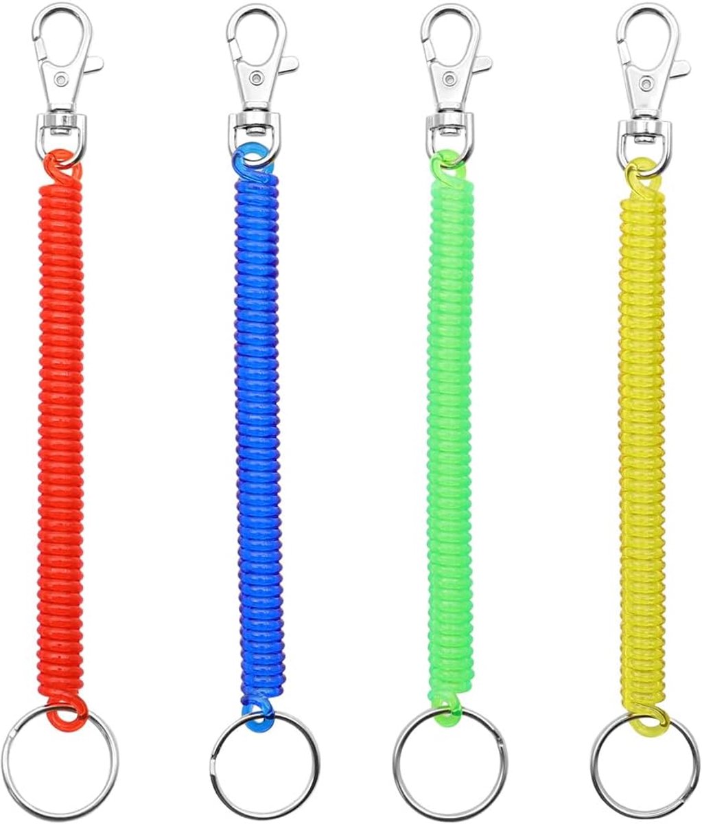 4 stuks spiraalvormige sleutelhangers van kunststof, anti-verlies met intrekbare veer (meerkleurig)