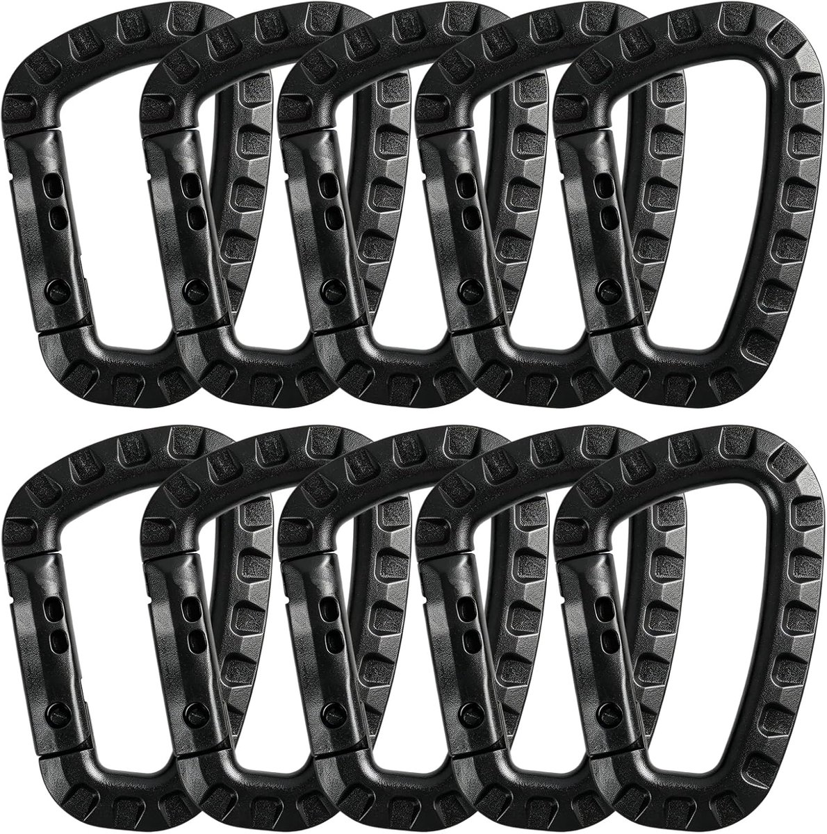 10 stuks karabijnhaken van kunststof, zwart, set van lichte sleutelhangers, D-vorm, tactische Molle-karabijnhaak voor outdoor, kamperen, wandelen, bevestiging