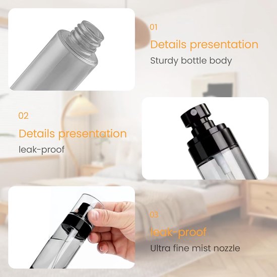 Sprayflessen set van 6 - 50 ml - transparant zwart - fijne nevelspuiter voor cosmetica - ShopVlot — afbeelding 2
