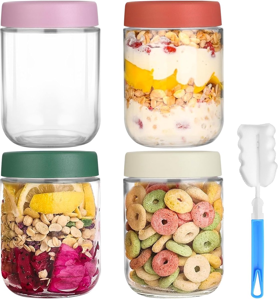 Overnight oats glazen 500 ml - Set van 4 glazen met schroefdop - Herbruikbare glazen potten - Ideaal voor meal prep - ShopVlot
