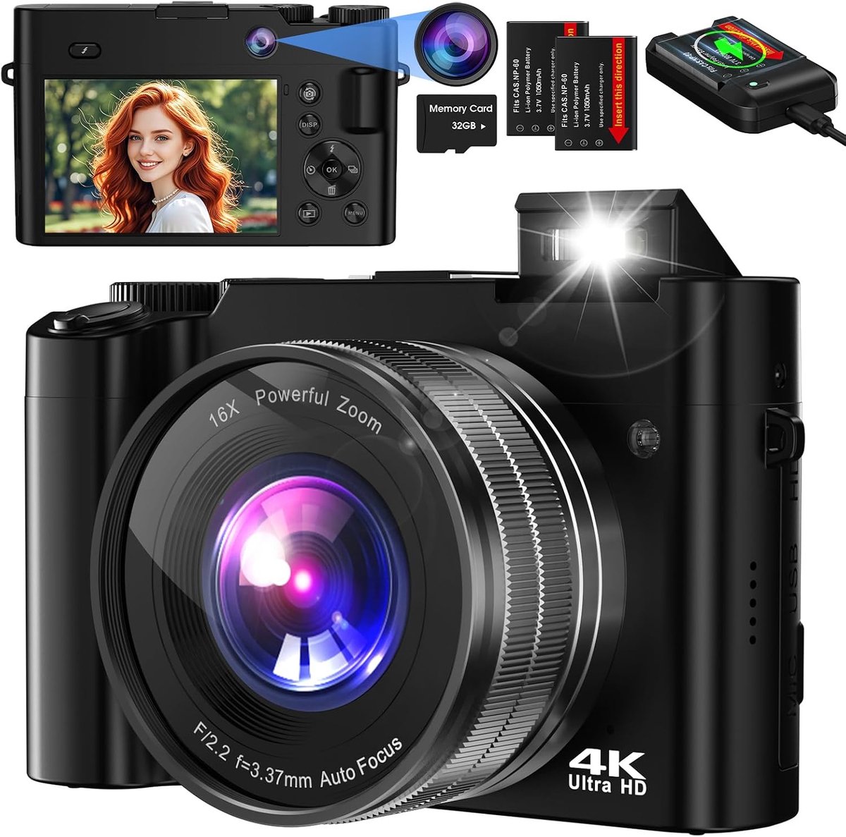 Digitale Camera - Vlog Camera - Foto En Video - Dubbele Camera Autofocus - 64 MP 4K - Zwart