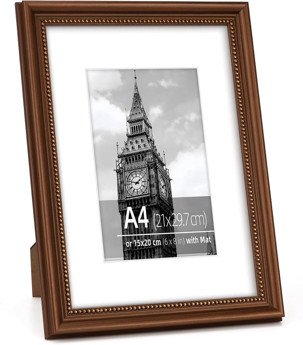 A4 Houten Vintage Fotolijst - Gouden Parels Binnenkant - Voor A5 Foto's - Elegante Weergave - ShopVlot