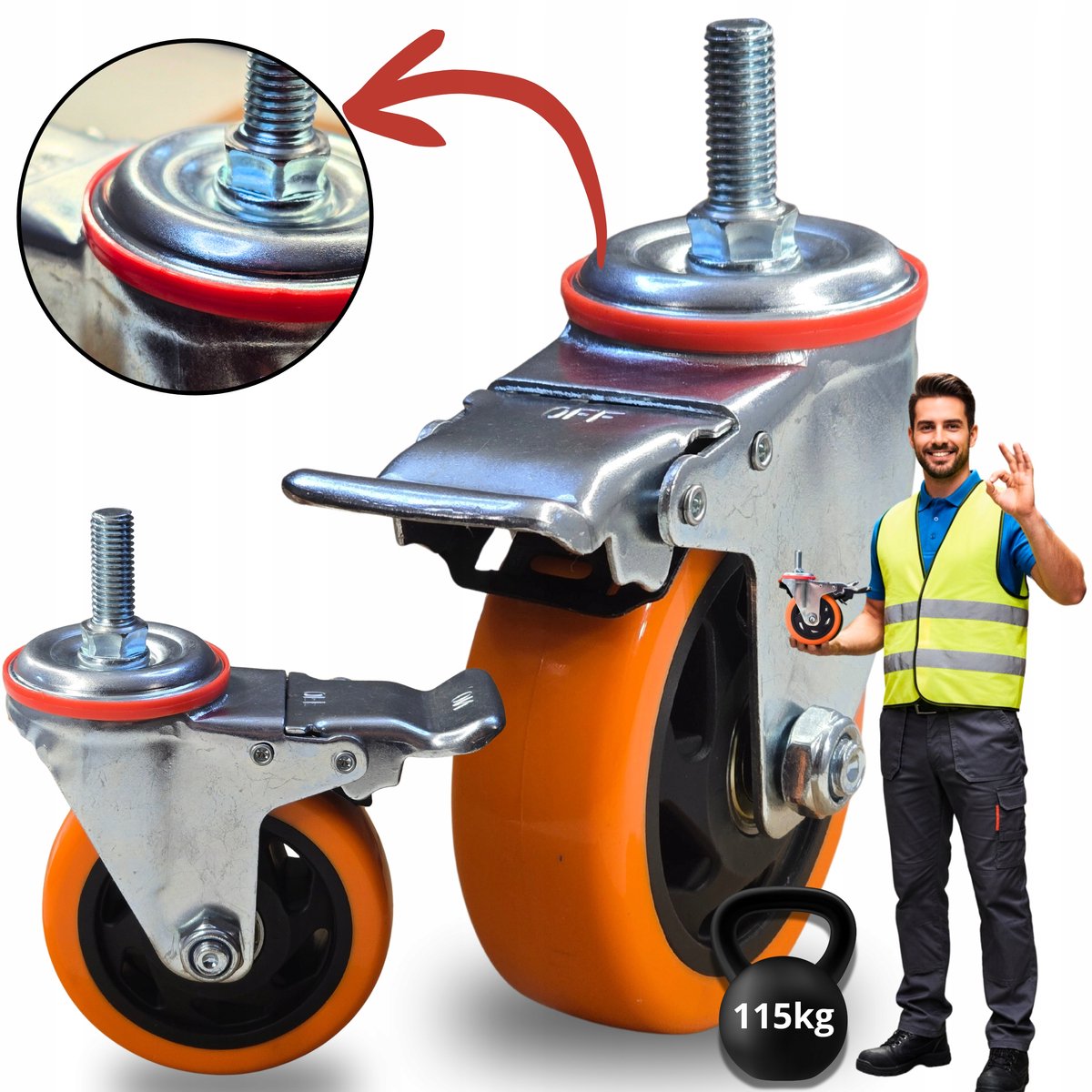 Zwenkwiel met Rem 100mm, 460kg, M12x30mm Schroefdraad, 1 Stuk