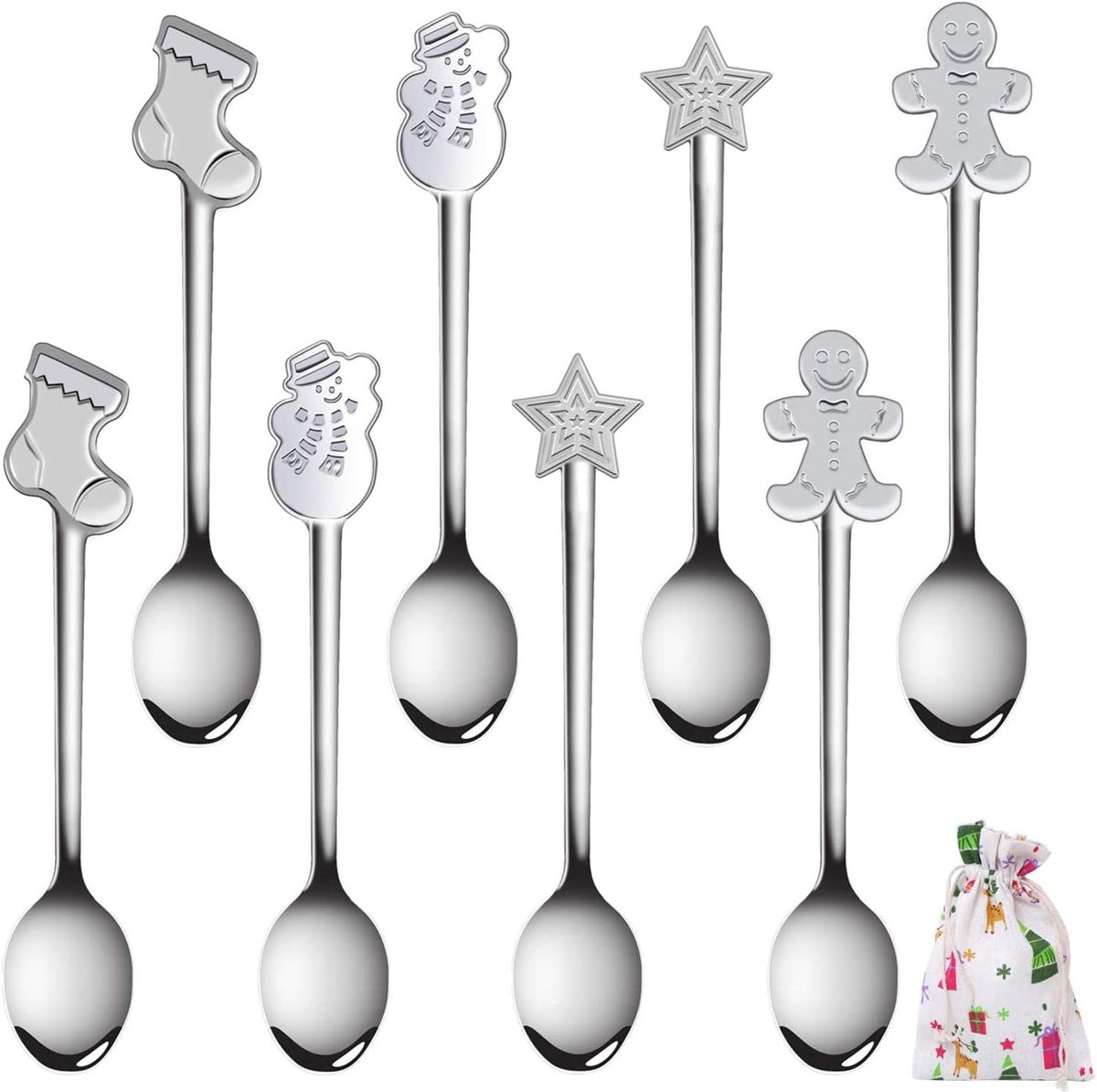 Lepelset 8 delig - RVS kerst lepelset - met opbergtas - perfect voor desserts - ShopVlot