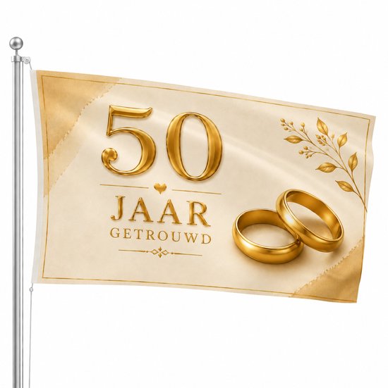 Un drapeau doré avec "50 JAAR GETROUWD" et deux alliances dorées, avec ornements.