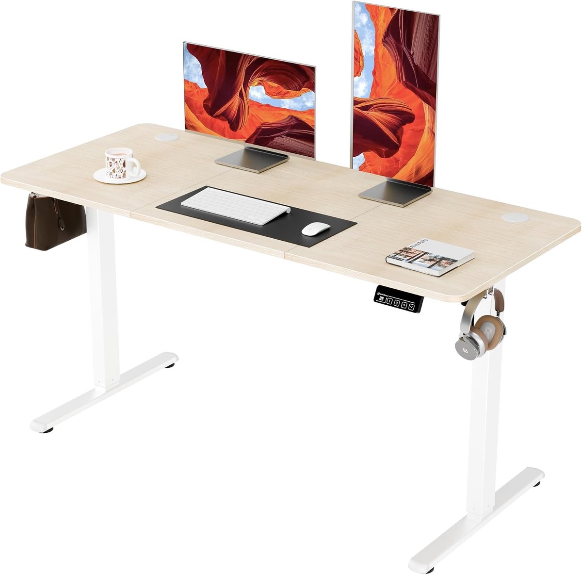 Sta bureau 80x60cm - Elektrisch in hoogte verstelbaar - Wit frame + Eiken blad - Ideaal voor thuiswerk - ShopVlot