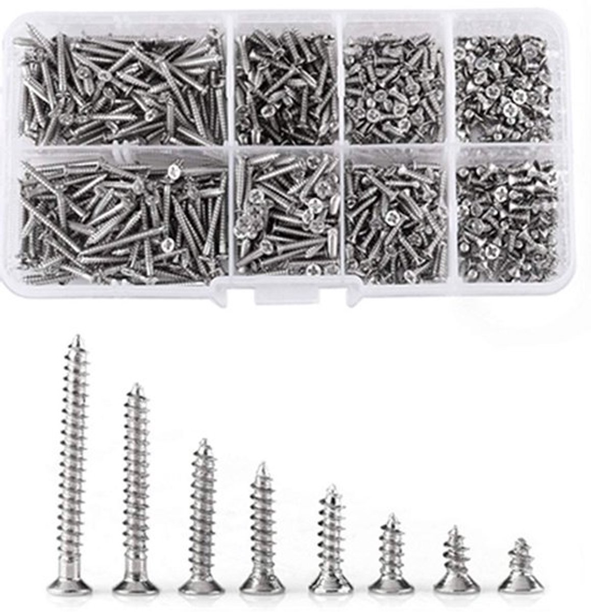 800 stuks M2 kruisschroeven 4 mm - 20 mm vernikkeld zelfsnijdend - bevestigingsset met opbergdoos