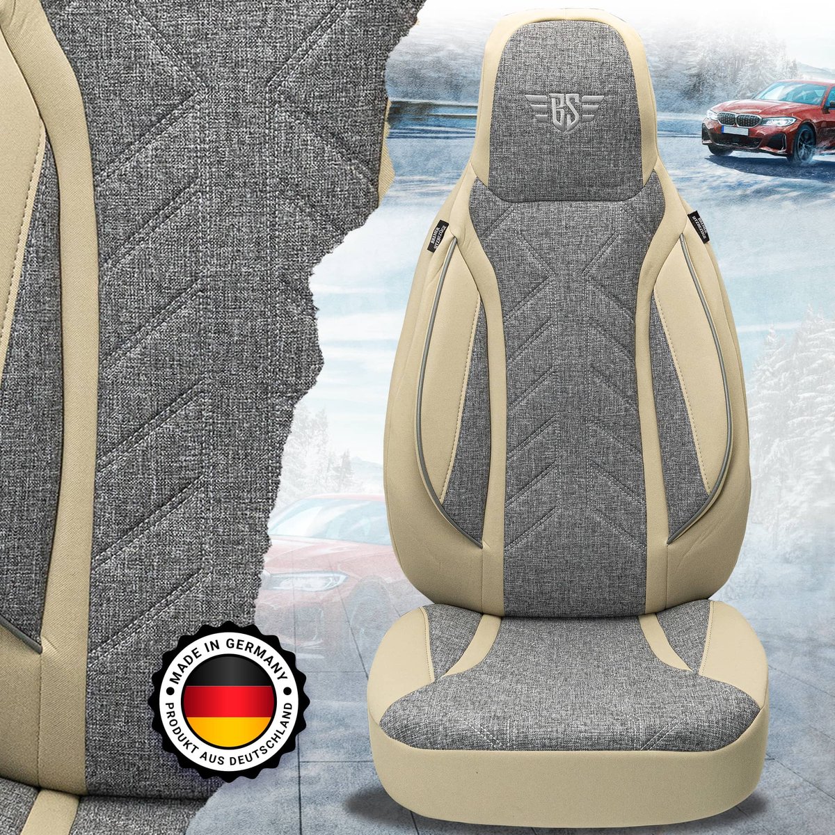 Autostoelhoezen voor Audi Q3 BJ vanaf 2019 – Stoelhoezen voor bestuurder en passagier in Grijs/Beige