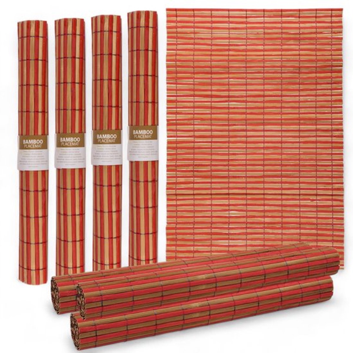Set van 4 bamboe placemats - 30 x 45 cm - robuust - gemakkelijk op te bergen (rood-bruin)