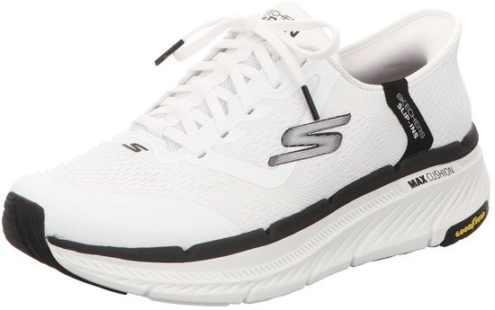Witte Skechers Slip-ins Max Cushioning Premier 2.0 sneaker met zwarte accenten en Goodyear zool.