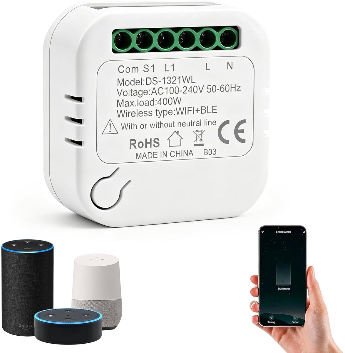 WiFi schakelaar zonder neutrale draad - slim lichtschakelaar met Alexa en Google Assistant - ShopVlot