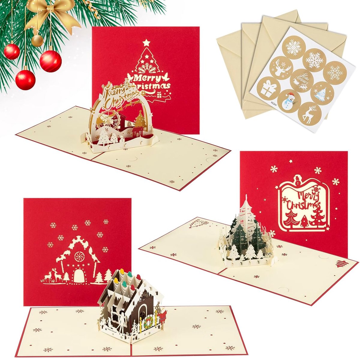 Kerstkaarten 3D set - Pop-up kaarten - Inclusief enveloppen en stickers - Persoonlijke boodschap - ShopVlot