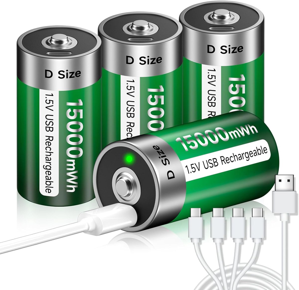 USB D-accu 4 stuks - oplaadbare lithium 15000 mWh - snel opladen in 4 uur - milieuvriendelijk alternatief - ShopVlot