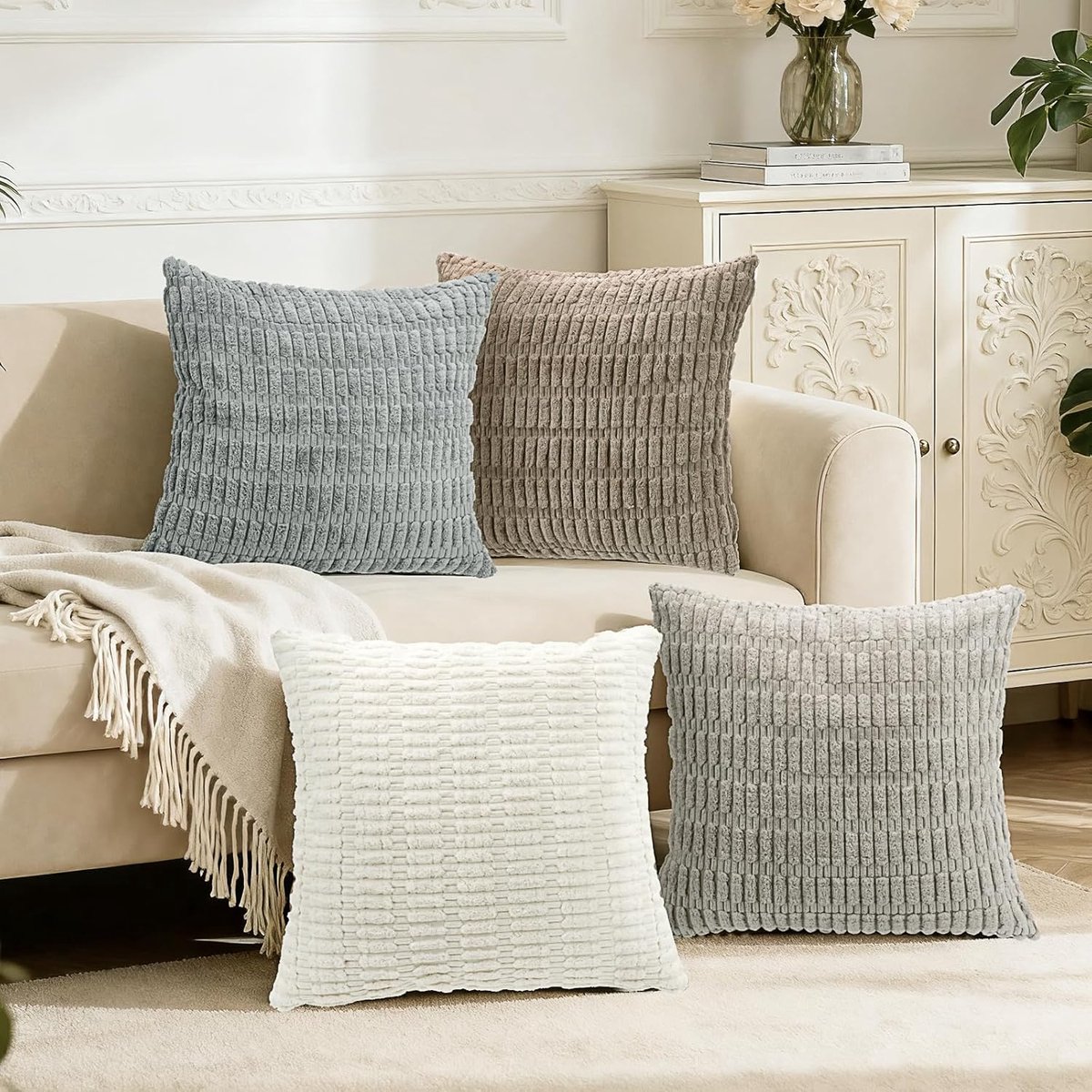 Kussenhoezen 45 x 45 cm Set van 4 - Zacht Ribfluweel - Boho Stijl - Perfect voor Woonkamer - ShopVlot