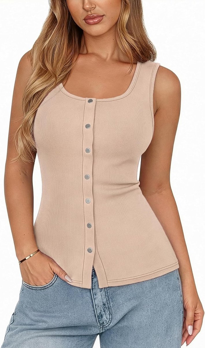 Tanktop dames - Mouwloos ribbed - UK crew neck met knopen - Slim fit voor casual gebruik - ShopVlot