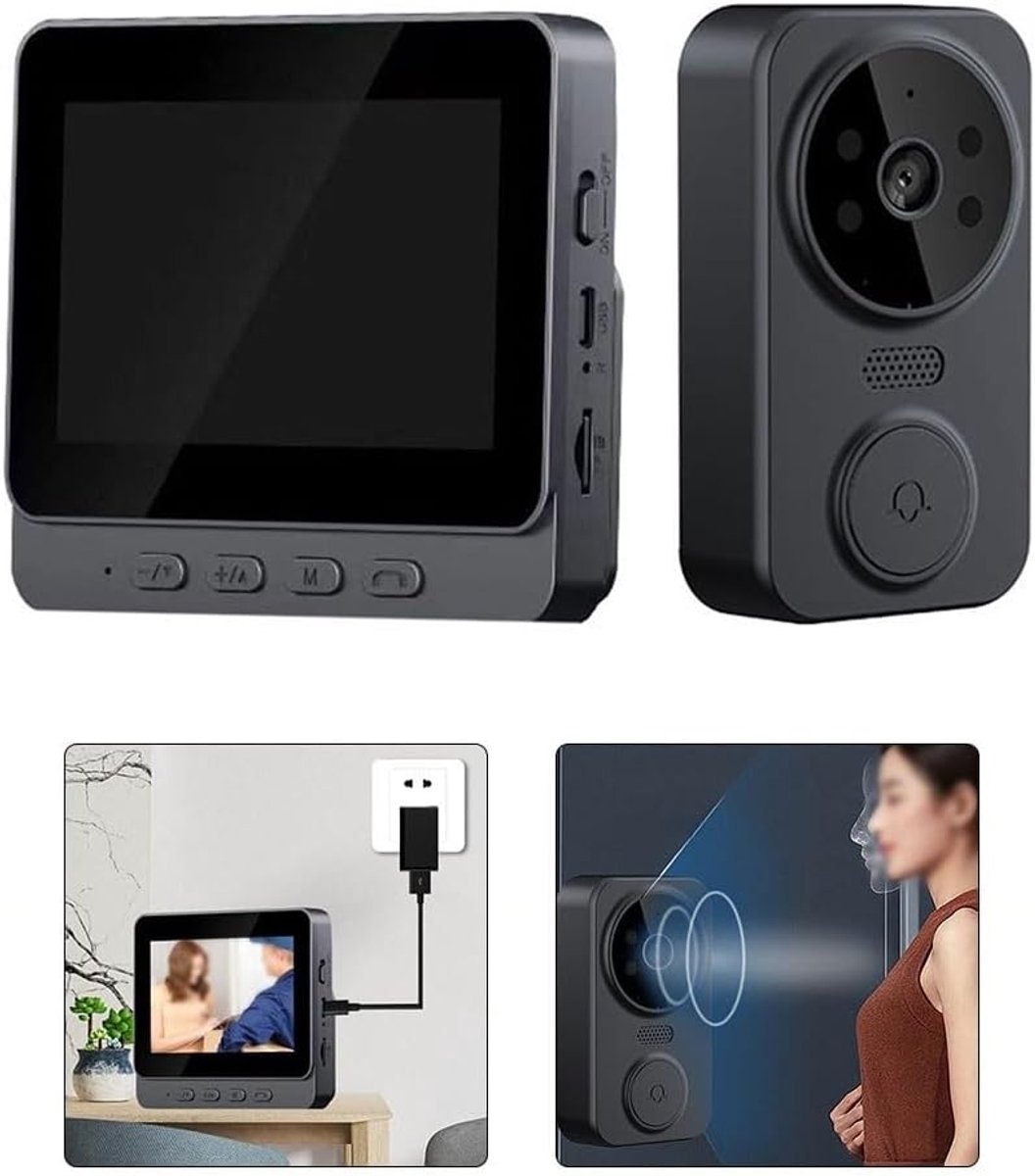 Draadloze videodeurbel, voorzien van een 4,3-inch IPS-scherm, tweewegs intercom, nachtzicht, bewegingsdetectie, SD-kaartopslag, signaaloverdracht over lange afstand, zwart.