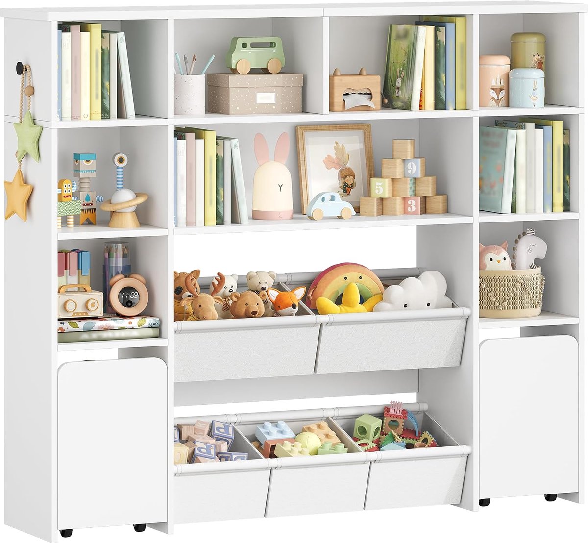 Hzuaneri Kinderboekenkast met 2 rollende opbergboxen, 4-verdiepingen boekenplank voor kinderen, kinderboekenplank, speelgoedrek, boekenplank voor kinderkamer, woonkamer, wit, 30 x 140 x 120 cm